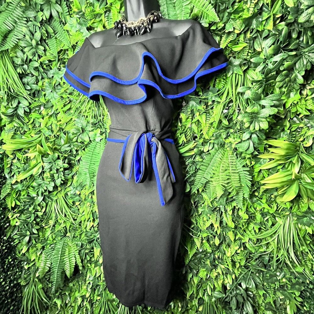 GIBIU Women Dress Small Black Off Shoulder Sheath‎ Ruffle Pencil Tie Waist 0607